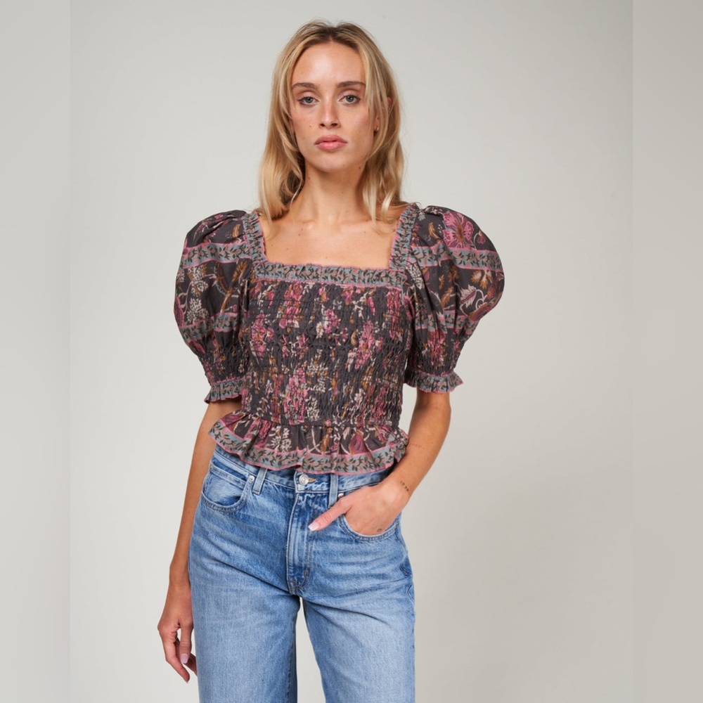 Sea tess print puff slv smocked top - black XS